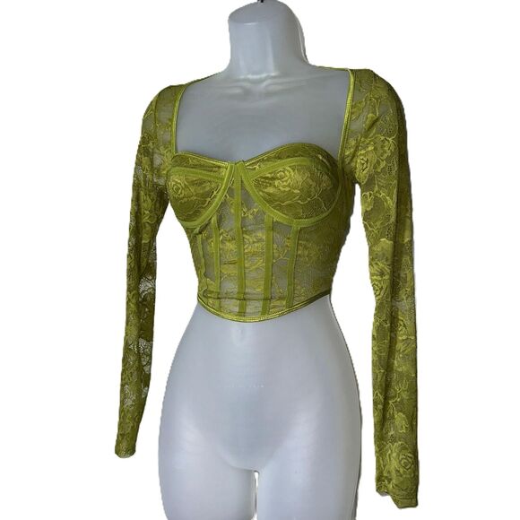 Medium Olive Green Lace Corset‎ Long Sleeve Crop Top Bustier Corset Mesh Panel - Picture 4 of 6
